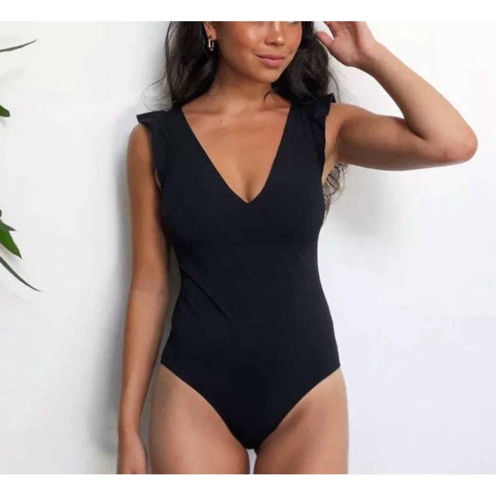 & Other Stories Ruffle Shoulder Plunge Neck One Piece Swimsuit In Black Sz 2 New